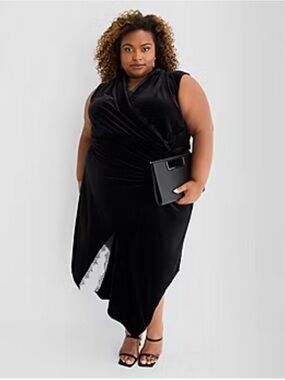 Ashley Graham Lace Edge Womens Plus Sleeveless Midi Wrap Dress